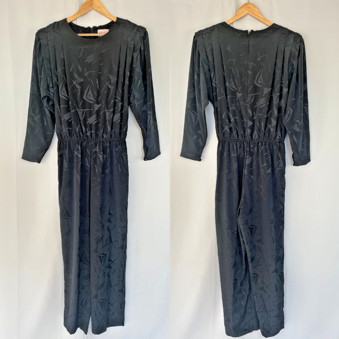 Vintage Jumpsuit Size 12 Black Jacquard Pleated Long Sleeve Minimal 80s Retro