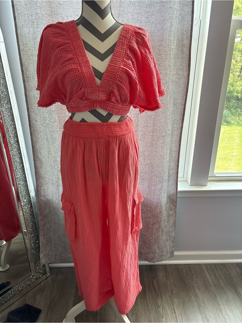 aerie Coral Textured Gauzey Two-Piece Maxi Jumpsuit Set in Haute Coral