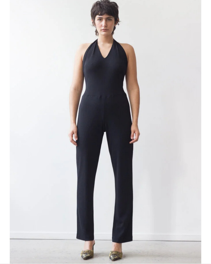 Donna Karen Vintage Jumpsuit Navy Blue Wool Jersey Halter Tie Plunging V-Neck, 4
