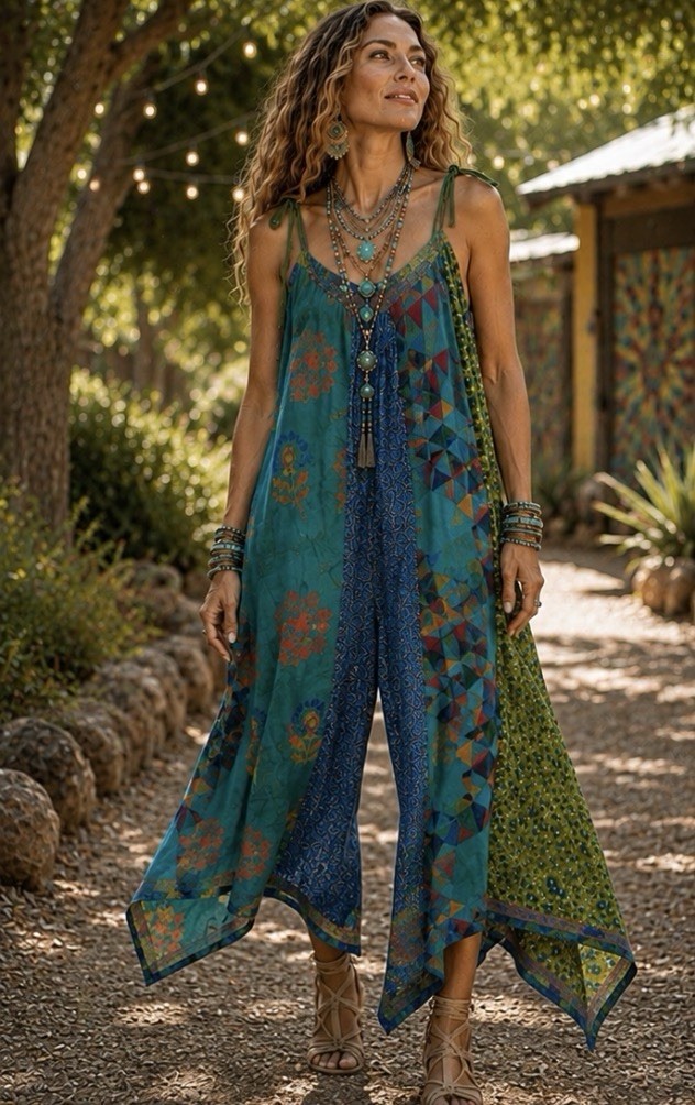 Jaded Gypsy Turquoise/Green Patchwork Jumpsuit, Free Size