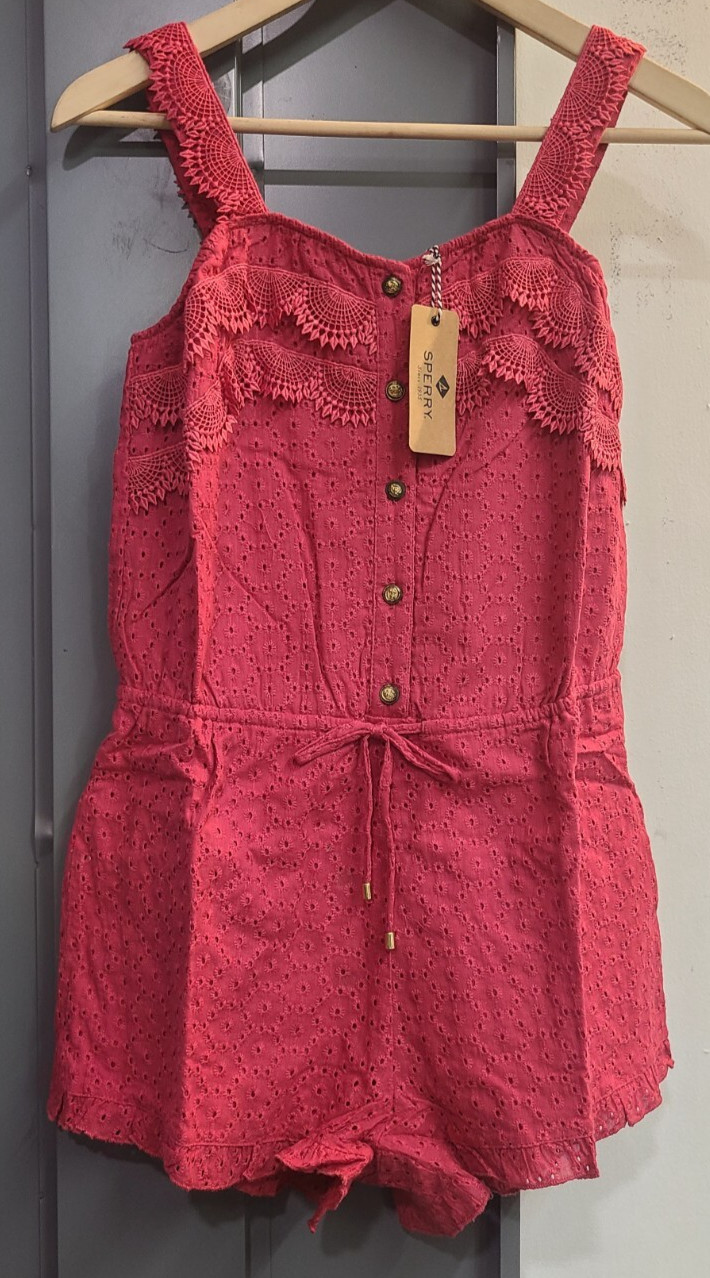 Sperry Women’s Button Down Eyelet Lace Romper Red Ruffle (P92BD26) SZ: Large
