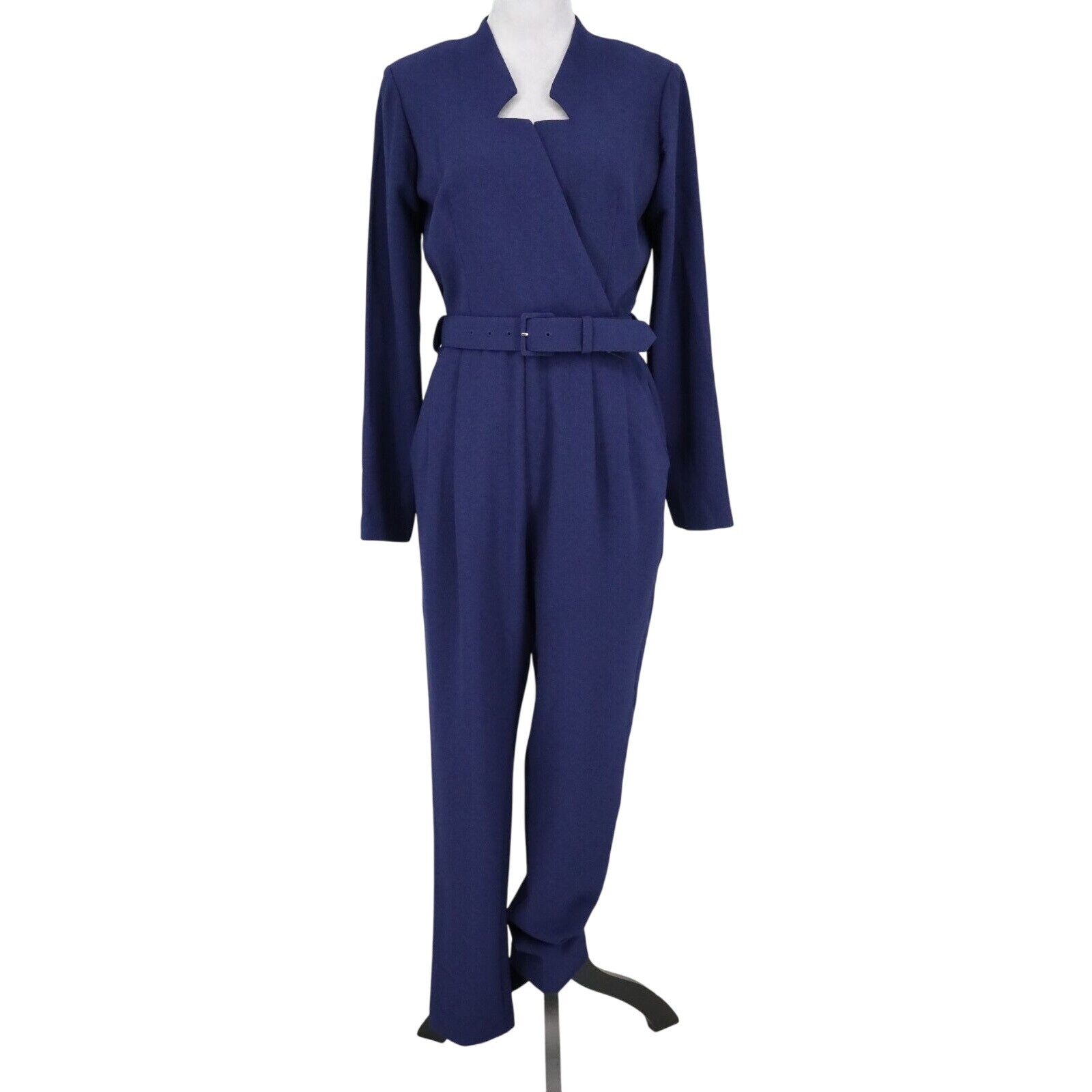 Rachel Zoe Jumpsuit Womens 10 Navy Blue Belted Pockets Faux Wrap Long Sleeve New