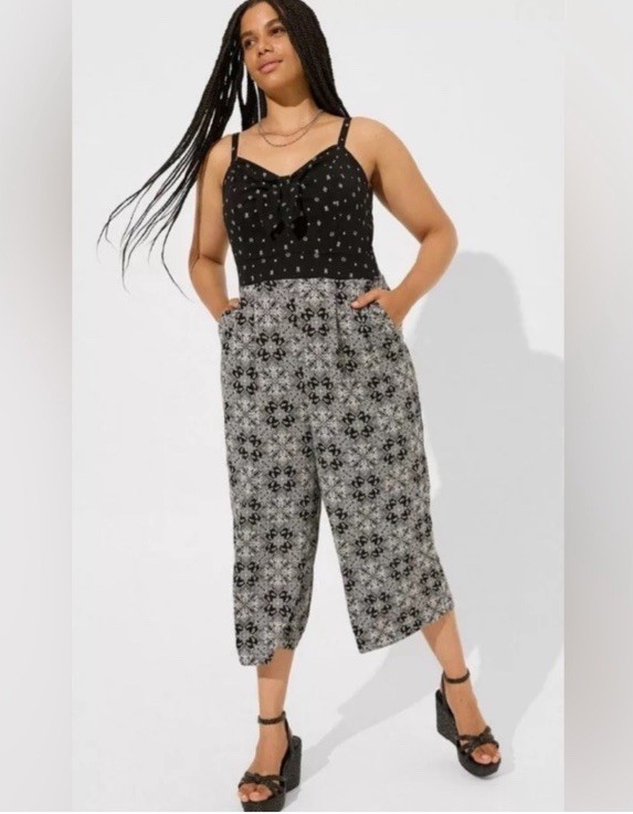 Torrid Tie Front Culotte Stretch Challis Jumpsuit Black Plus Size 2X