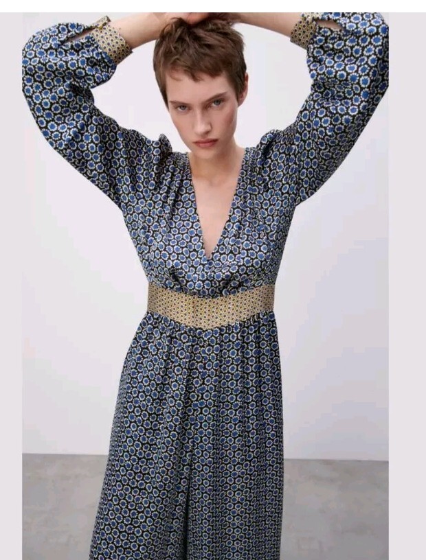 Zara Blue Geometric Print V-neckline Long Sleeves Jumpsuit Size Large 4387 289