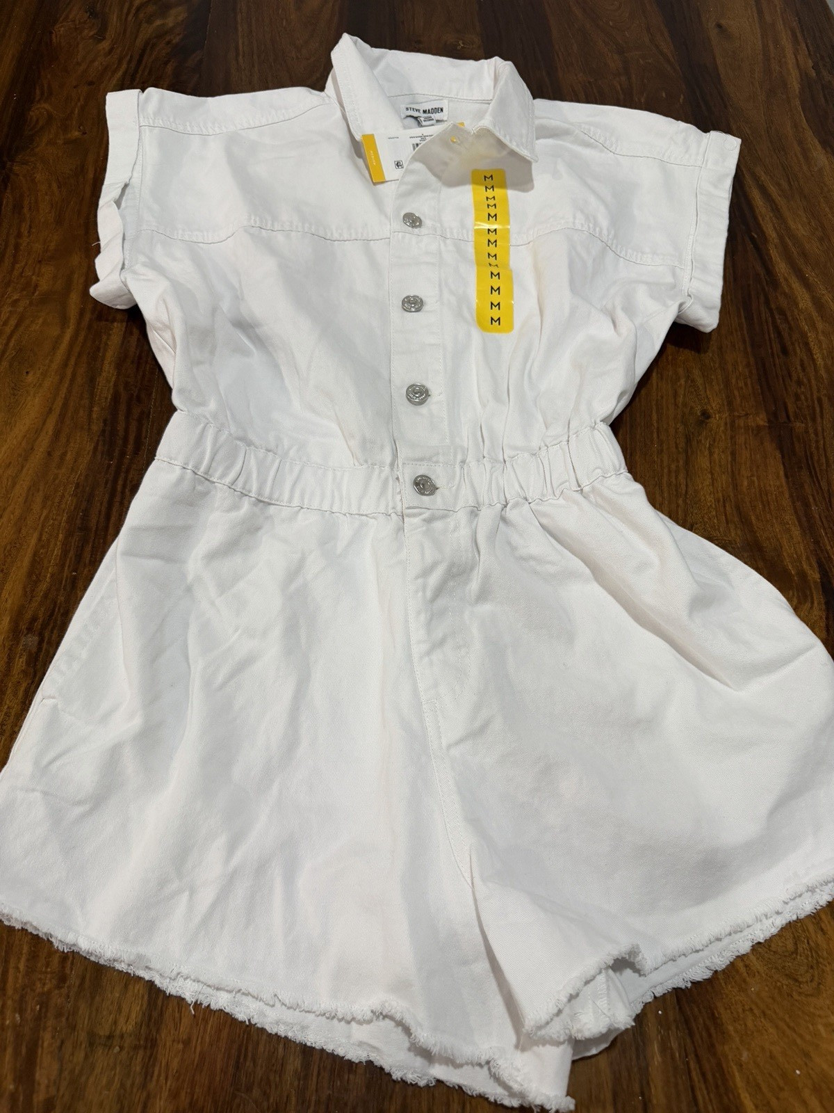 Steve Madden White Denim Romper Button Front Elastic Waist Pockets Womens M