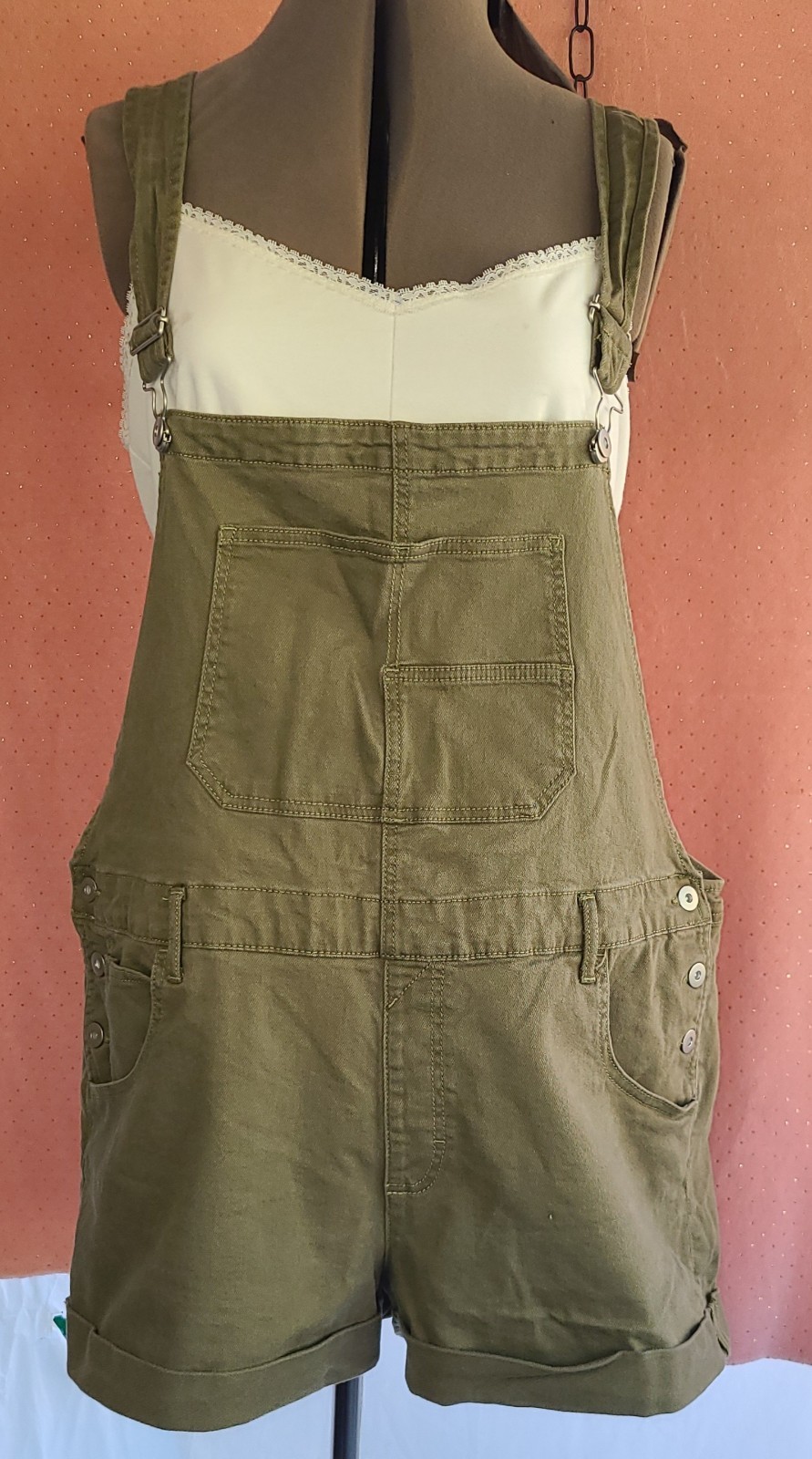 No Boundaries Olive Green Jumper/Shortalls Adj Strap Cuffed Hem Sz XXXL (21)