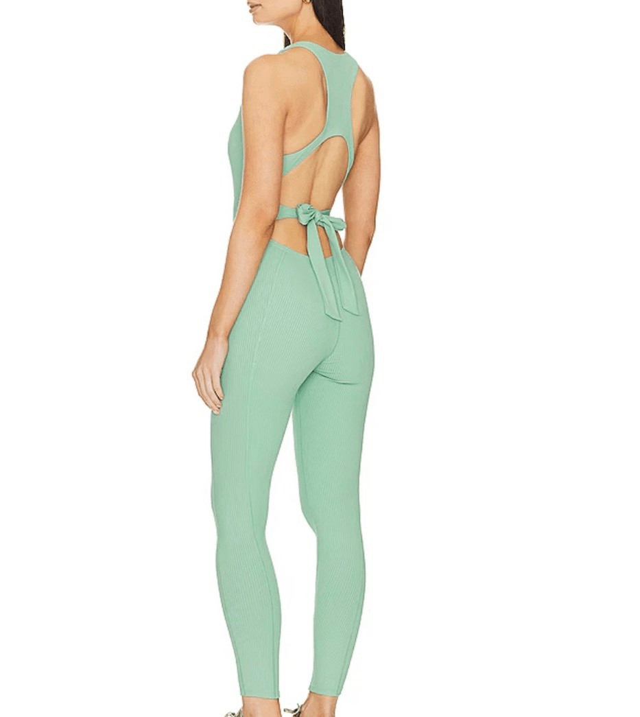 Gigi C Size L Krizia Athleisure Jumpsuit Sage Green Bow Back Bodycon Catsuit NWT