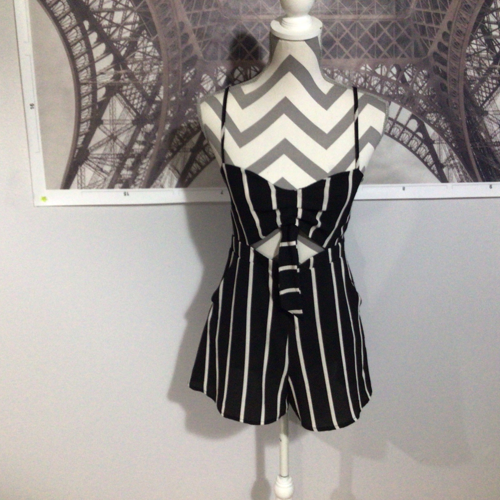 Love University Striped Spaghetti Straps Back Zip Open Midriff Romper Shorts S