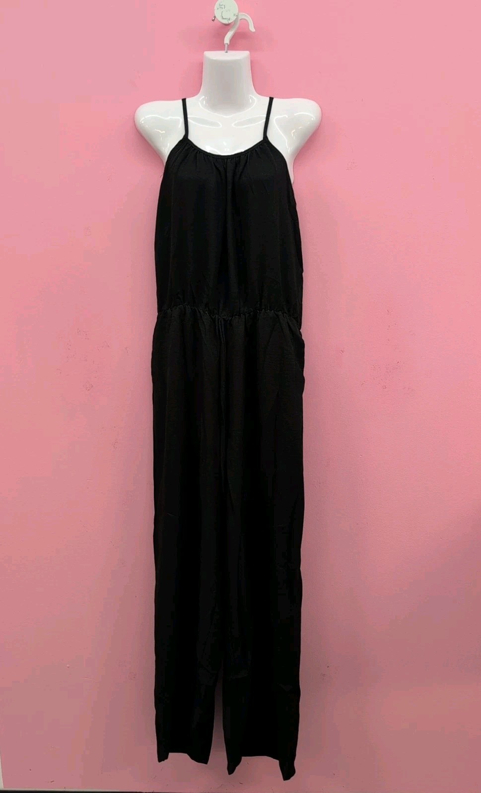 Chicme Spaghetti Strap Drawstring Tied Waist Casual Jumpsuit Large Black