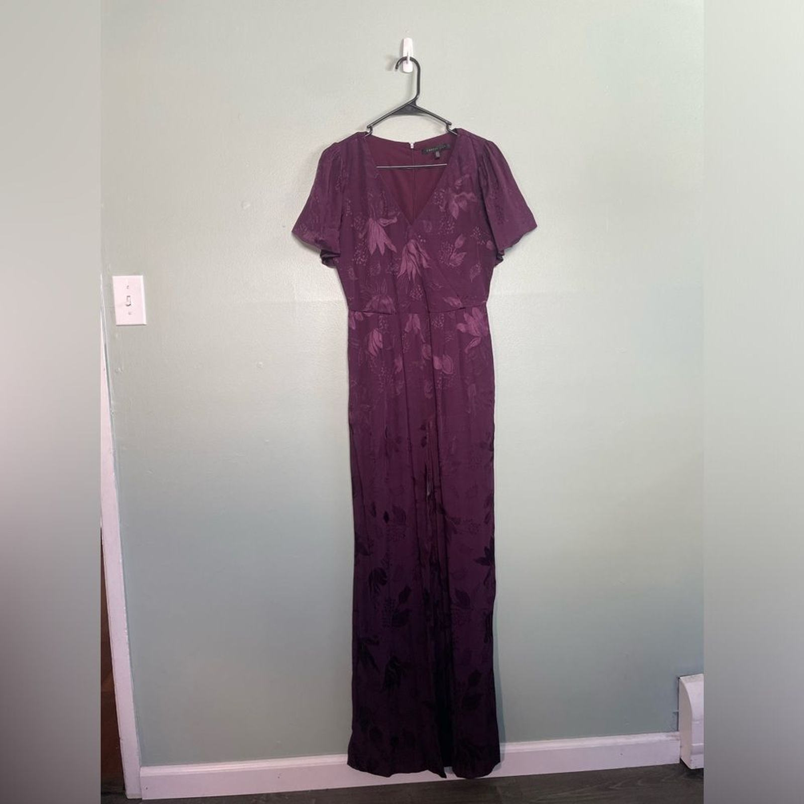 Forest Lily Plum Floral Design Flutter Sleeve Wide Leg Jumpsuit Size 4