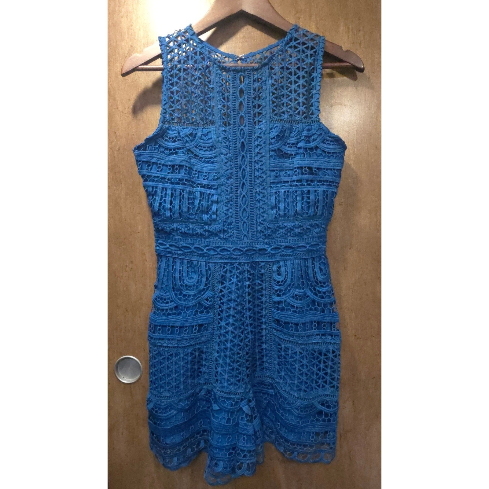 Adelyn Rae Blue Lace Sleeveless Romper High Neck Geometric Crochet S