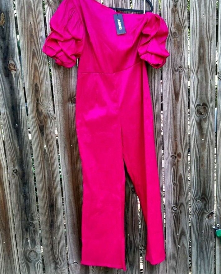 Large AOMEI Asymmetrical Neck Pleated Puff Sleeve Faux Silk Jumpsuit Fuchsia