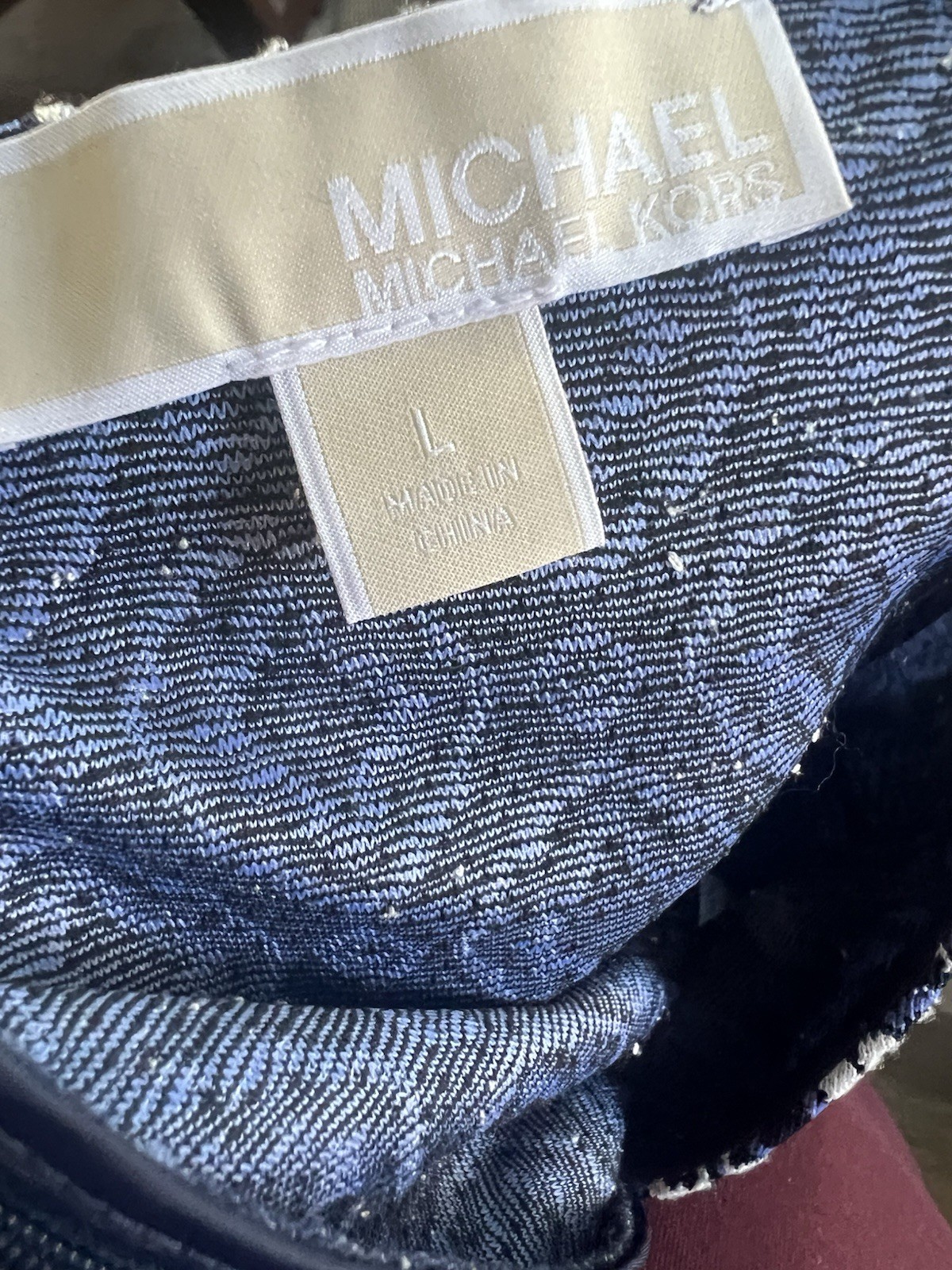 Michael Kors Blue White Geometric Print Dress Large Tie Waist Ruffle Hem