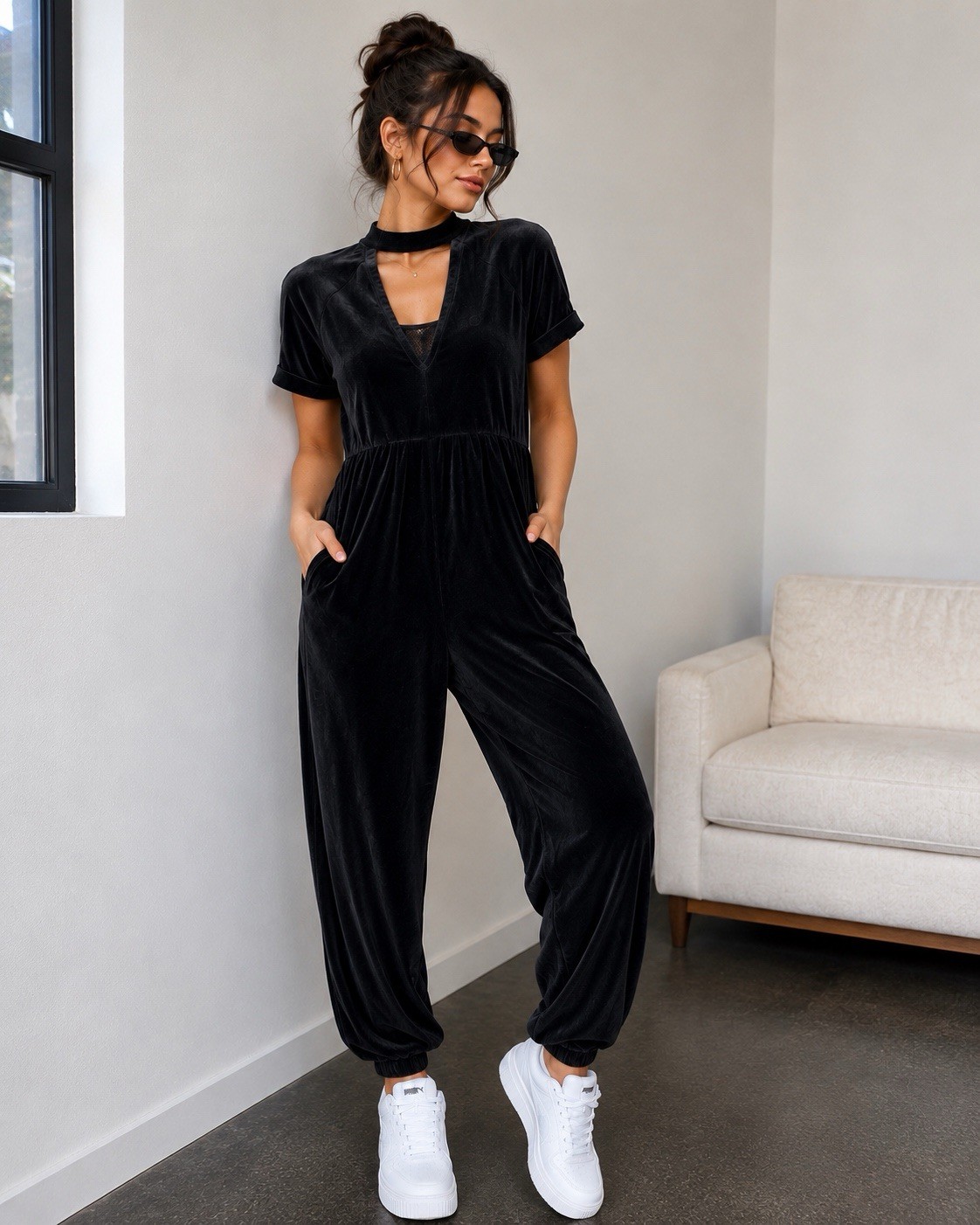 Puma x Selena Gomez Velour Jumpsuit Y2K Black Athleisure Rare Collab Soft Travel