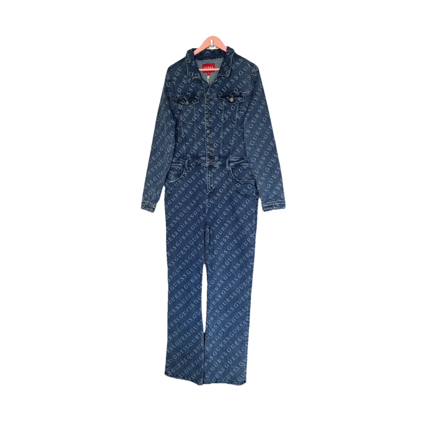 Guess Women Lorina Logo Denim Jumpsuit Medium Wash Blue Size XL NWT