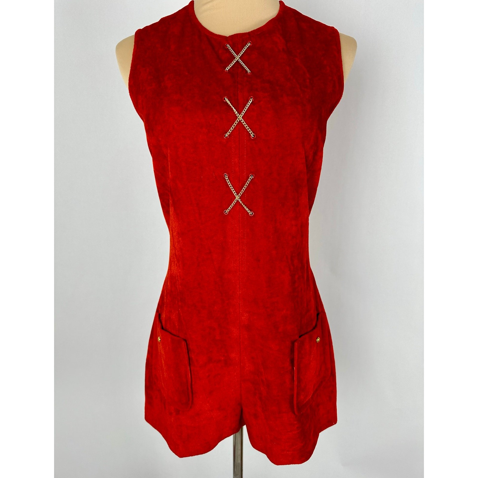 Vintage 60s Mod Go Go Red Orange Suede Romper Playsuit Chain Accent Size M