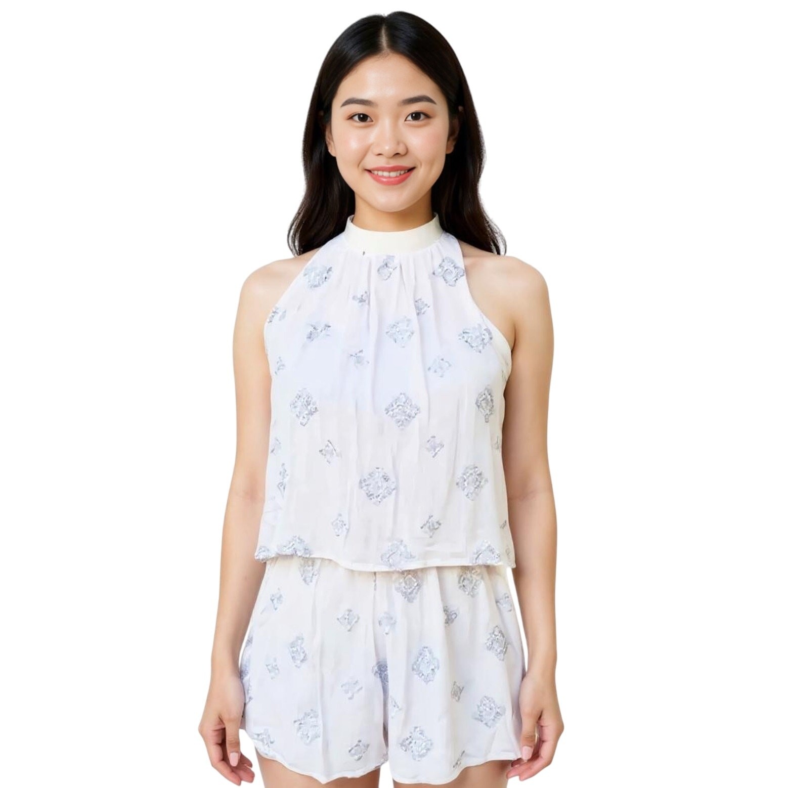 4SI3NNA Embroidered Halter Romper White EUC