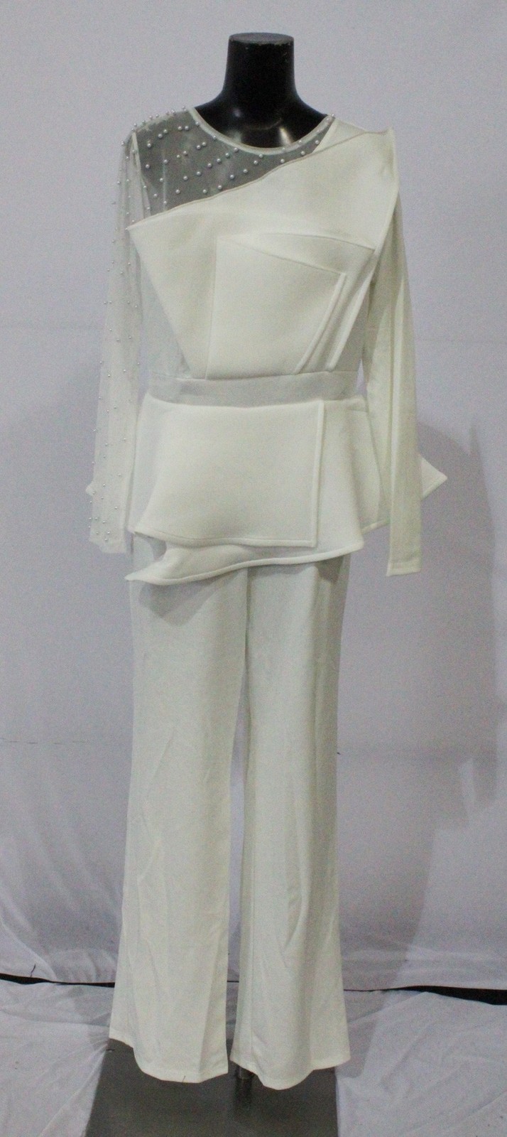 AOMEI Women’s Beaded Long Sleeve High Waist Peplum Jumpsuit AP2 White Size: 1XL