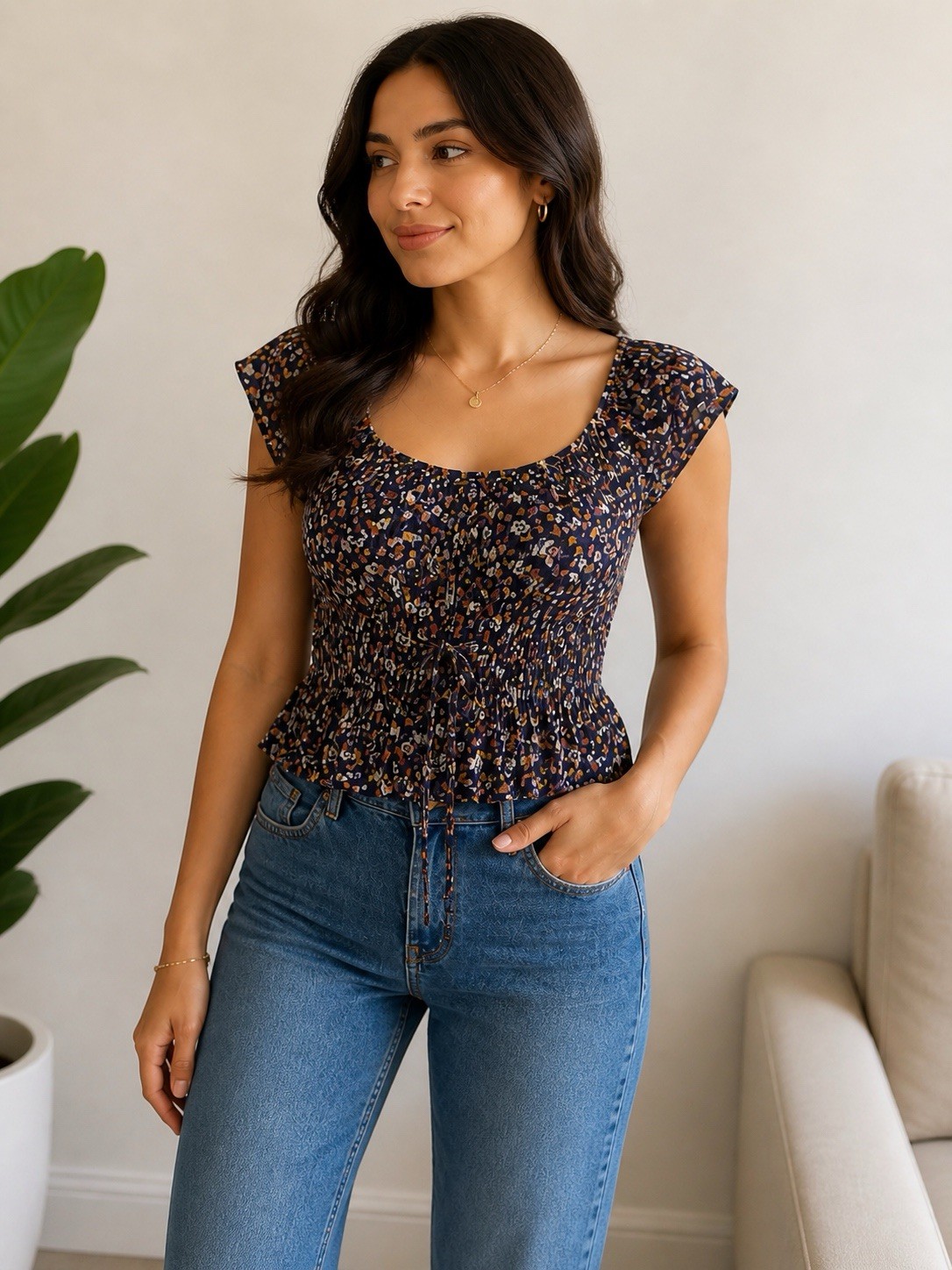 H&M Women Floral Blouse Size S Navy Blue Smocked Peplum Top Tie Front Summer