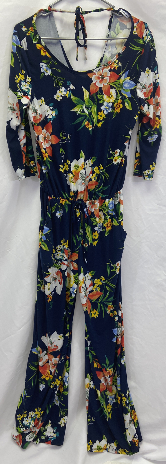 Égy California szM Blue Floral Jumpsuit Keyhole tie back elastic waist 1/2Sleeve