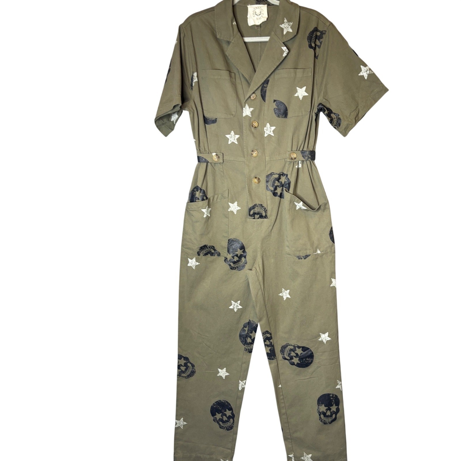 Fantastic Fawn Womens Olive Green Skull & Star Print Utility Jumpsuit Size L