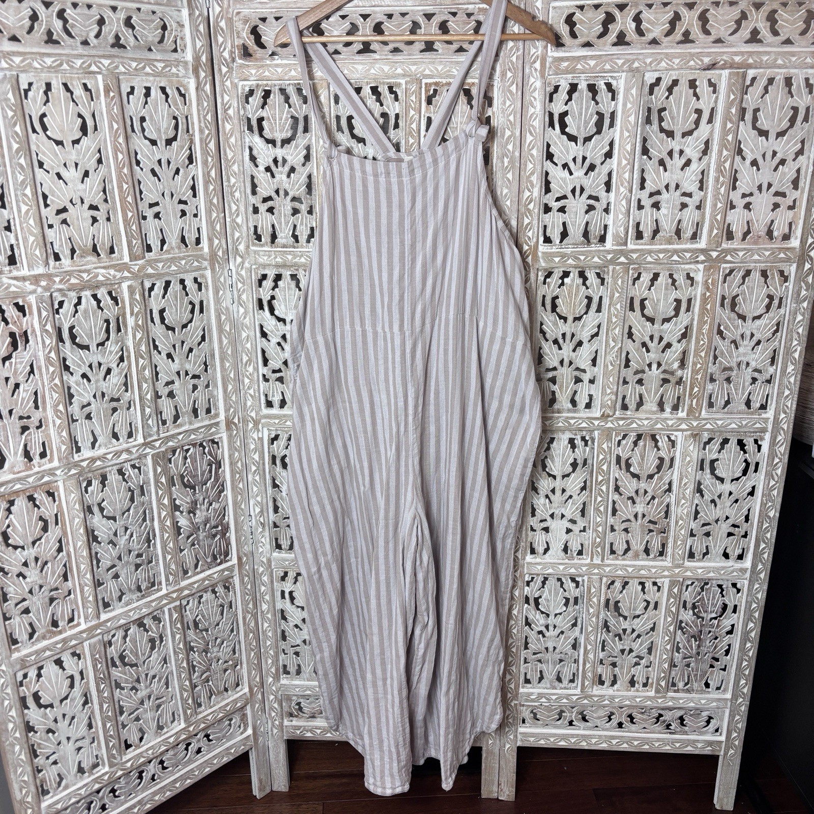 Pact Jumpsuit Striped Organic Cotton Wide Leg Pockets Granola Hippie Sustainable
