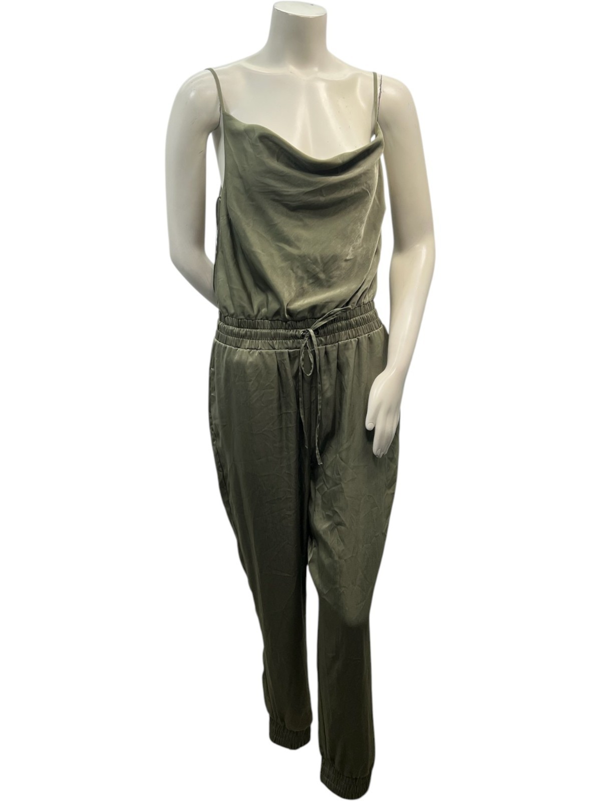 Bar III Jumpsuit Womens Size Large Green Sleeveless Cinch Waist NWOT Cowl Neck