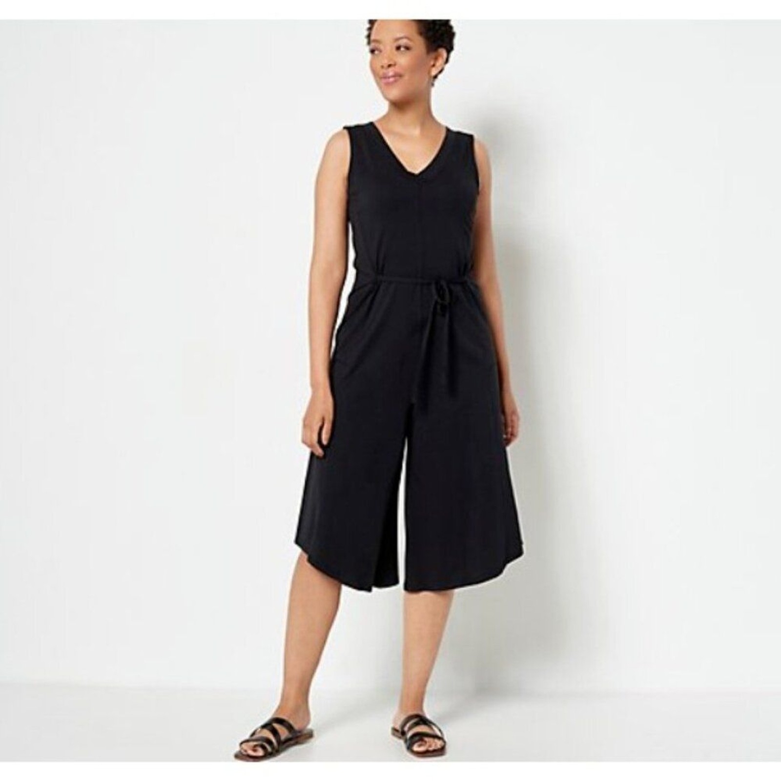 AnyBody Jumpsuit sz S Cozy Knit Luxe V-Neck Gaucho Jet Black A396081