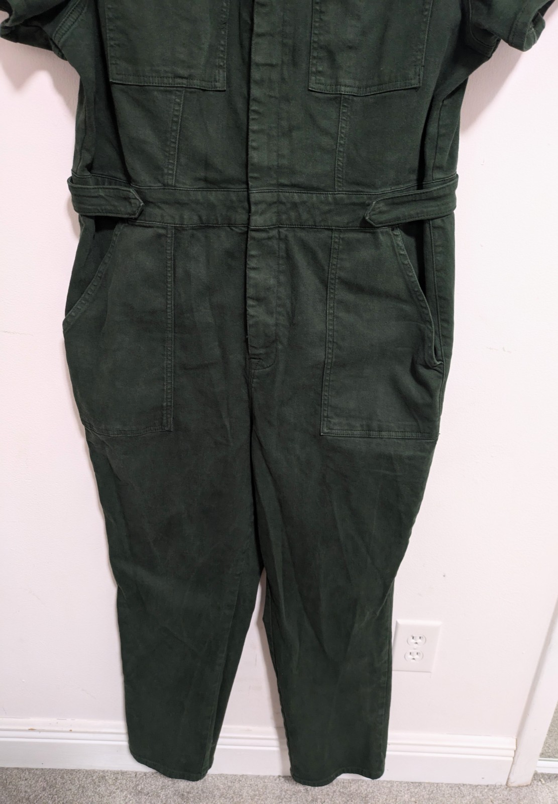 GOOD AMERICAN Womens Denim Jumpsuit Green Sz 3 Stretch Utility Grunge Zipper