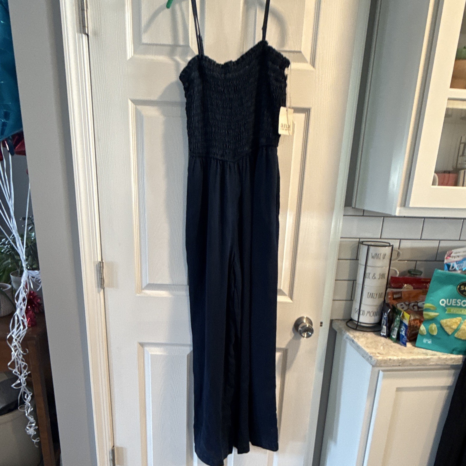 a.n.a Navy Rayon Smocked Wide-Leg Strappy Sleeveless Jumpsuit Size S