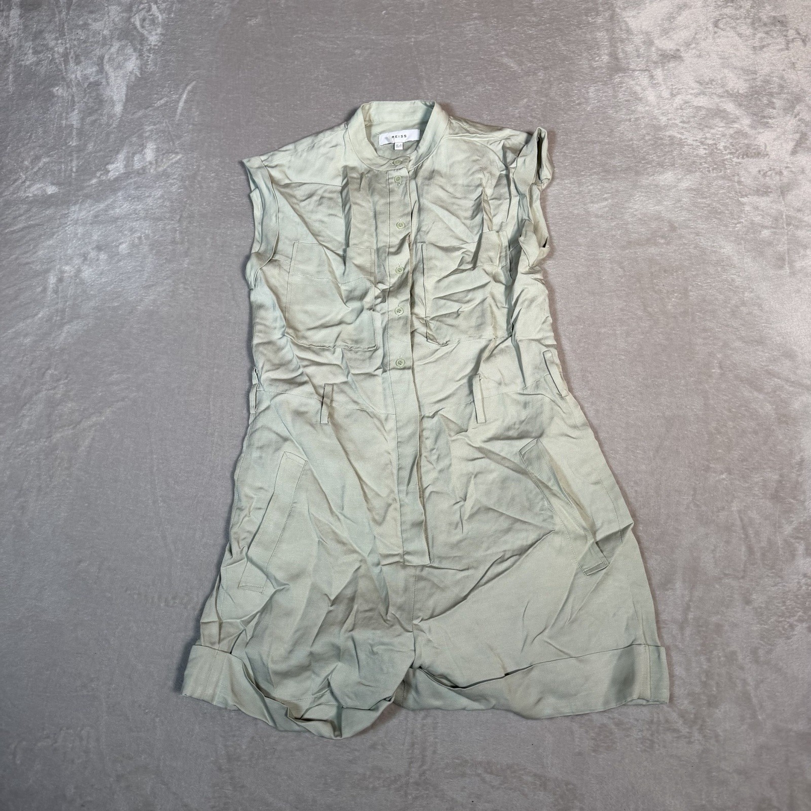 Reiss Romper Womens 2 Green Button Up Linen Viscose Blend Shortalls Casual