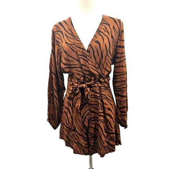 Tiger Print Romper Brown Black Long Sleeve Surplice Wrap Belted Animal Print