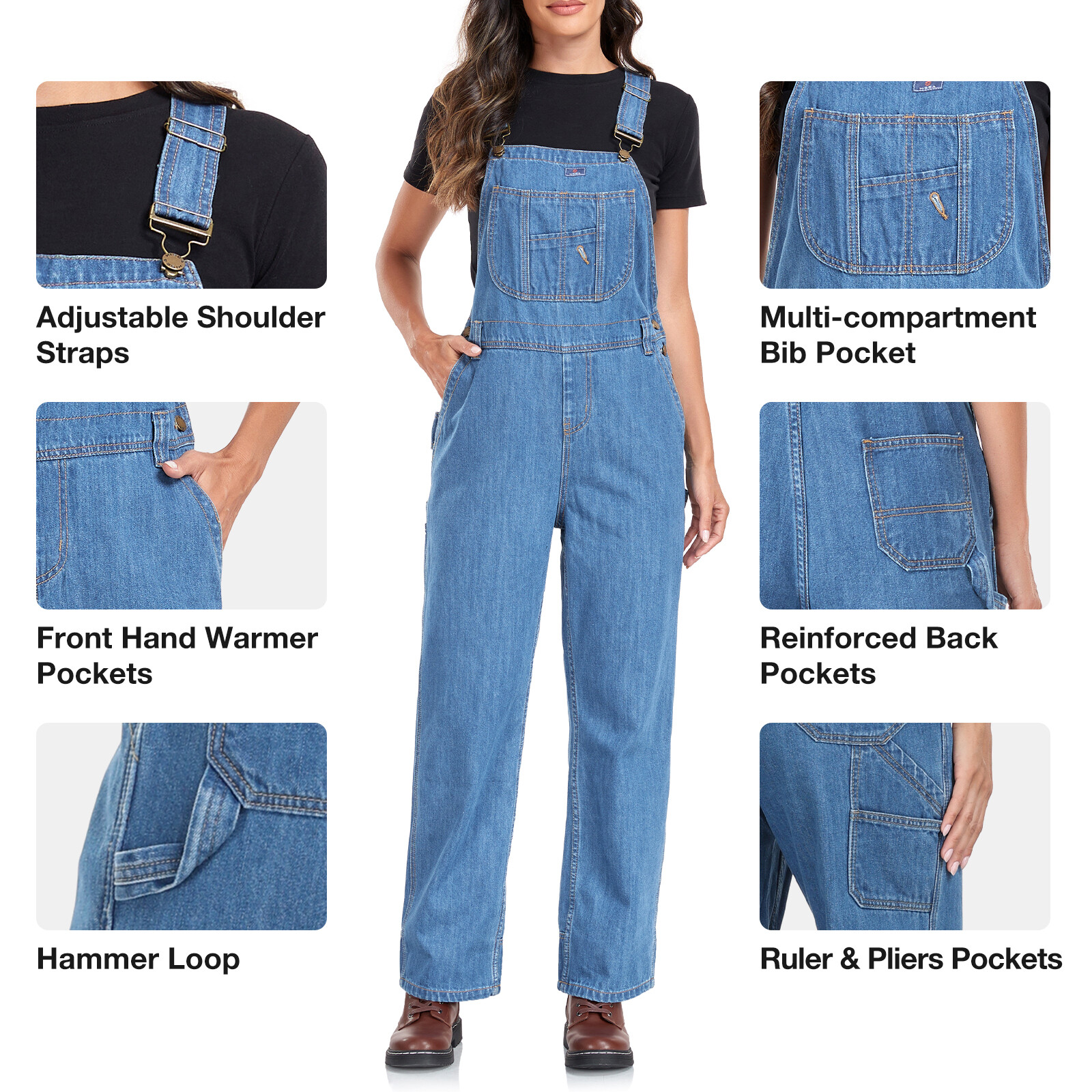 HISEA Women Bib Overall Relaxed Fit Workwear Cotton Denim Jumpsuit Jeans Pockets
