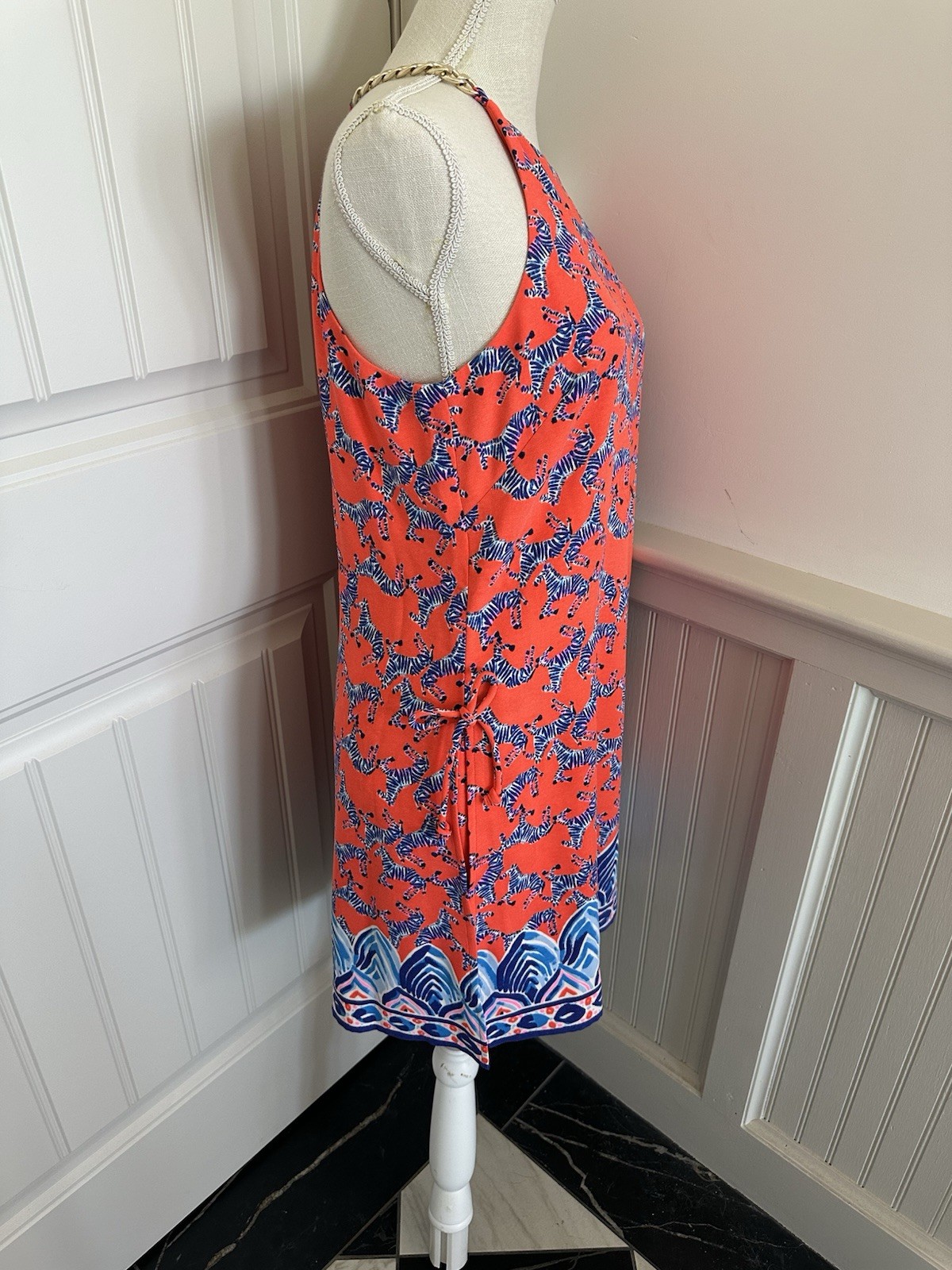 Lilly Pulitzer Zebra Romper, Sz 8, orange/blue/black/wht, Brass Chain Straps