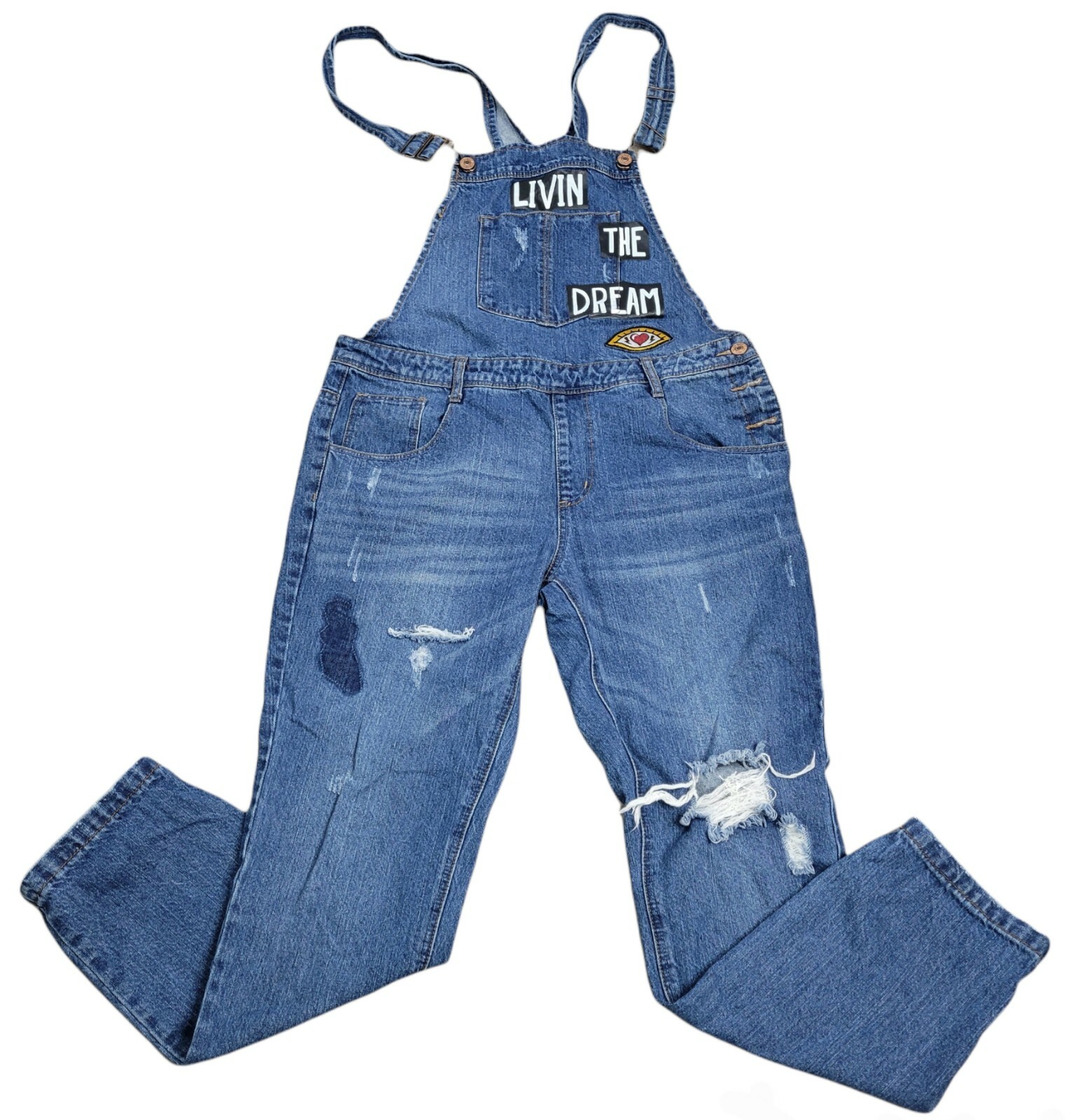 Women’s Forever 21 Livin The Dream Distressed Embroidered Jean Overalls Size 27