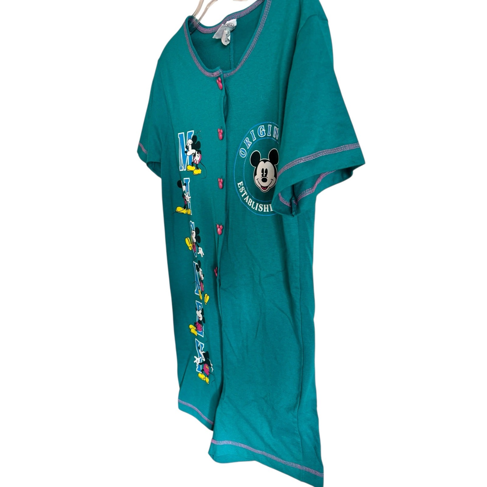 Vintage Disney Mickey One Piece Romper Shorts Teal Mickey Buttons Size M Jumper