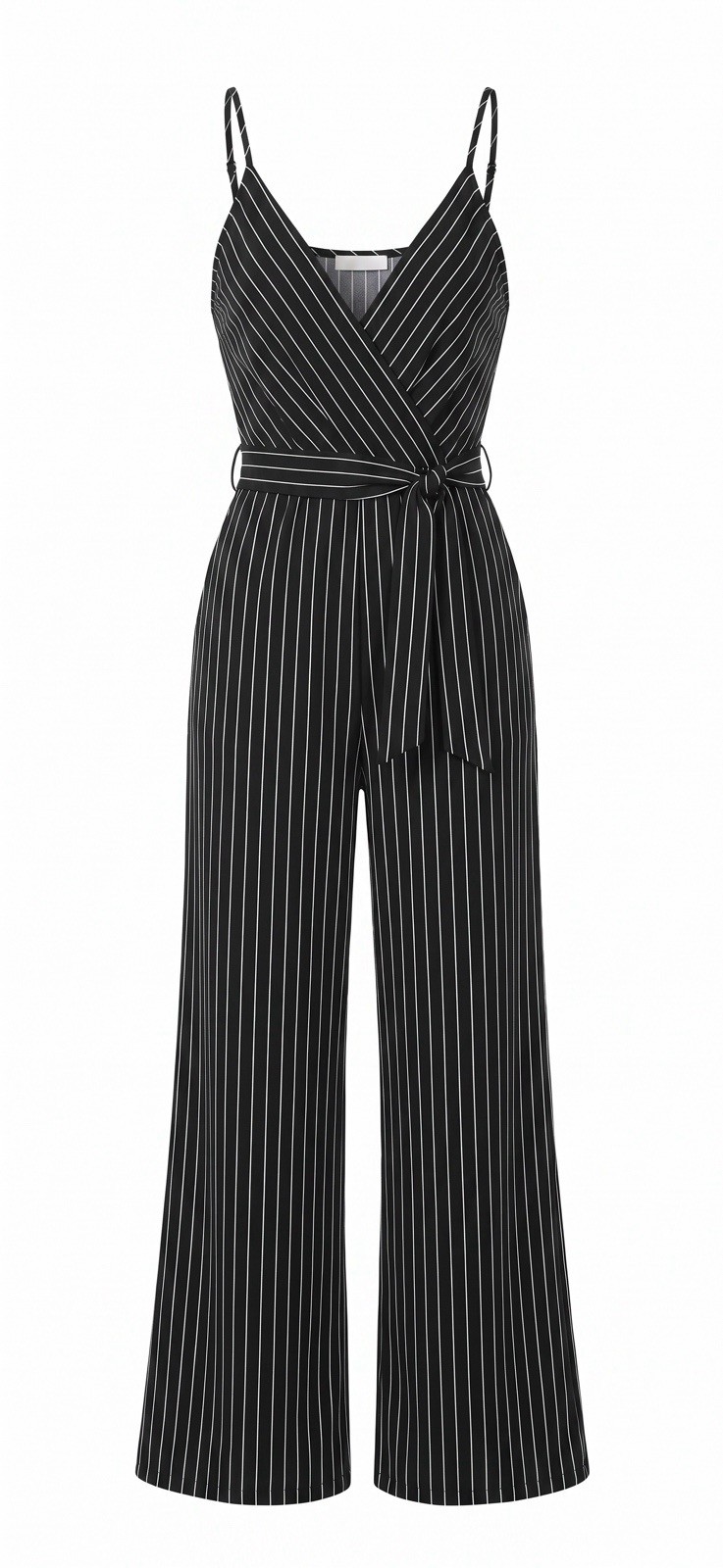 Kaileigh Black Pinstriped Jumpsuit Women’s Size L Spaghetti Straps Low Back
