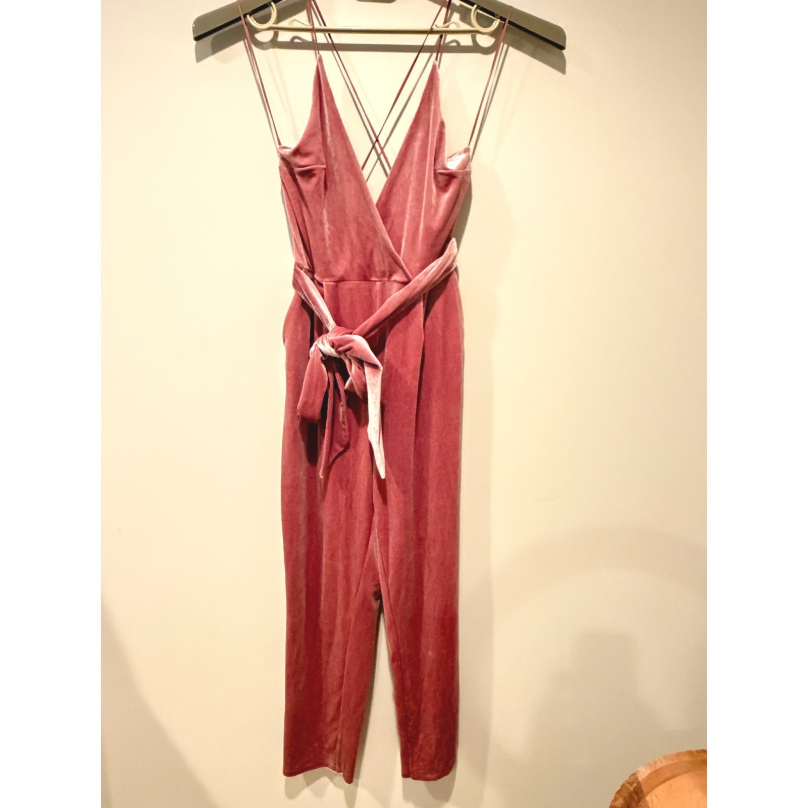 NWT Express Dusty Rose Velvet Jumpsuit Criss Cross Back Tie Waist Wide Leg