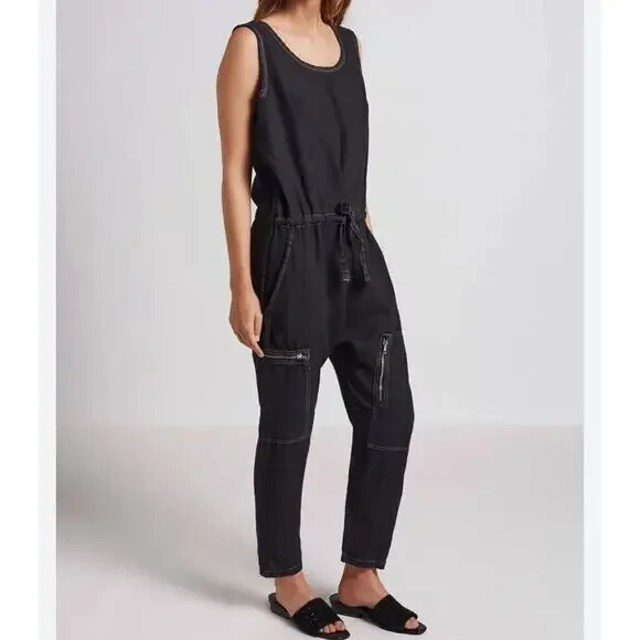 Current/Elliott The Zip Cargo Linen Washed Black Jumpsuit Size 2 (Medium)
