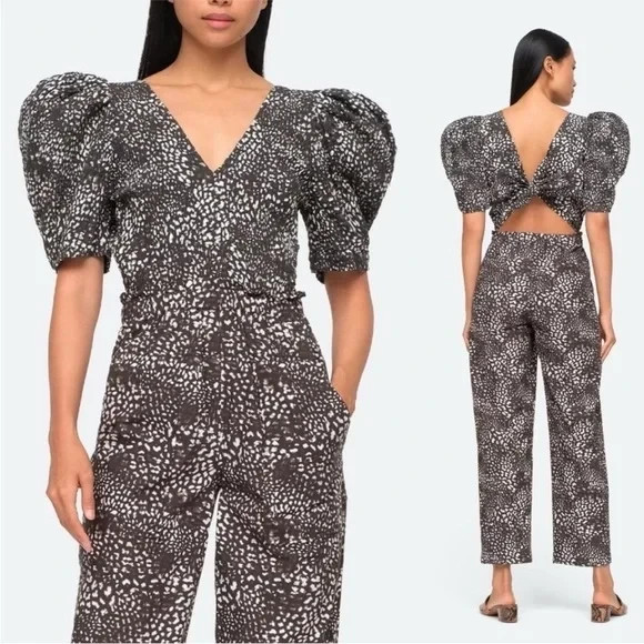SEA NY Calla Smocked Jumpsuit Puff Sleeve V Neck Tie Back in Color Night Size 8
