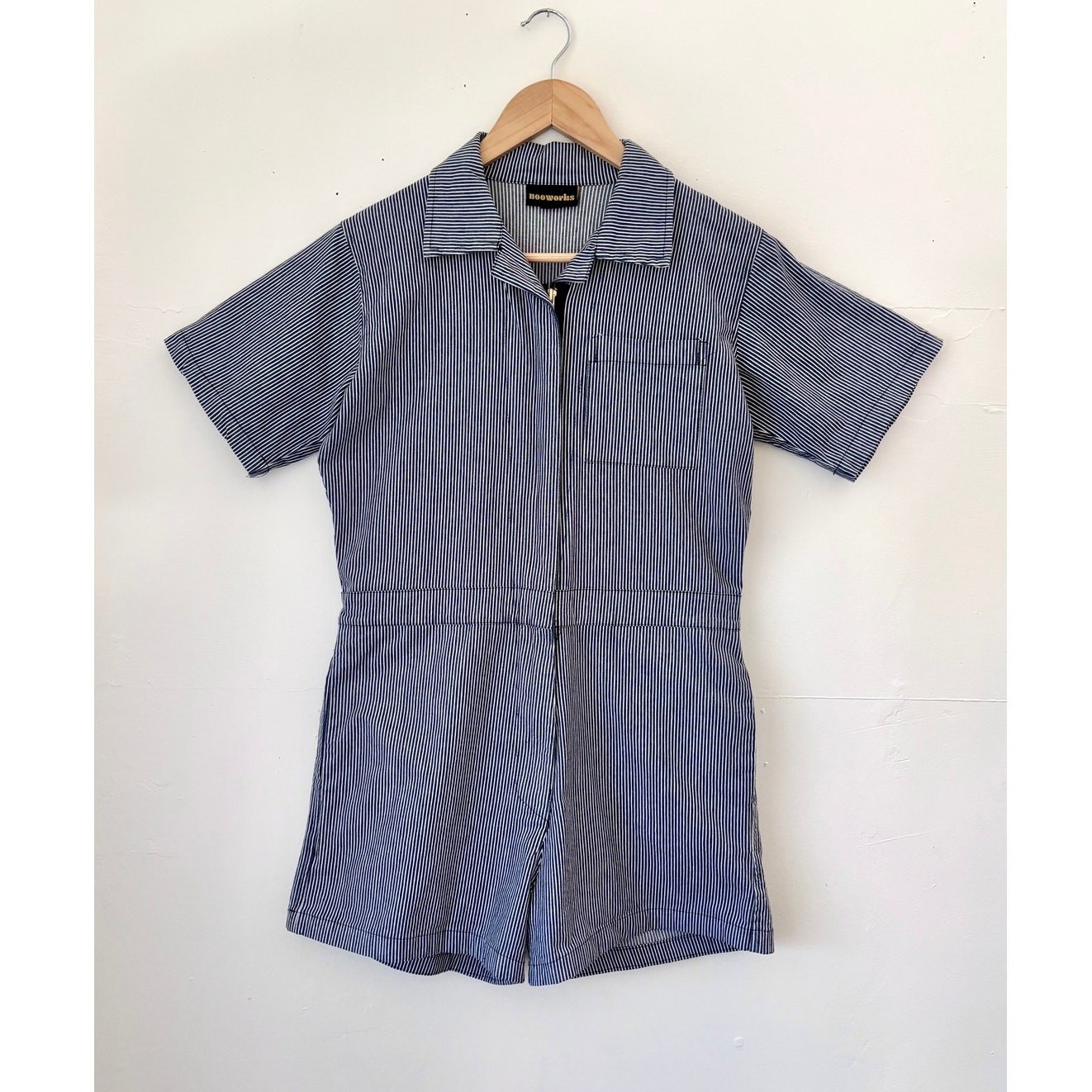$189 Nooworks Railroad Stripe Shortalls Romper Canvas (Made in USA) Size Medium