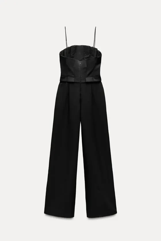 Zara Womens Jumpsuit L Black Crepe Wide Leg Spaghetti Straps 8741/275 NWOT