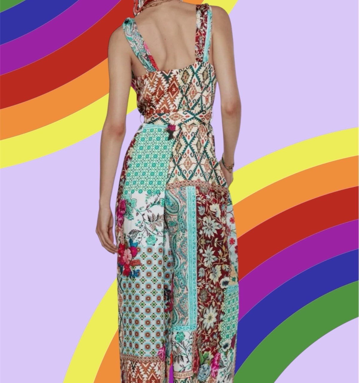 NWTZARA KNOTTED WIDE STRAPS PATCHWORK PRINT JUMPSUIT