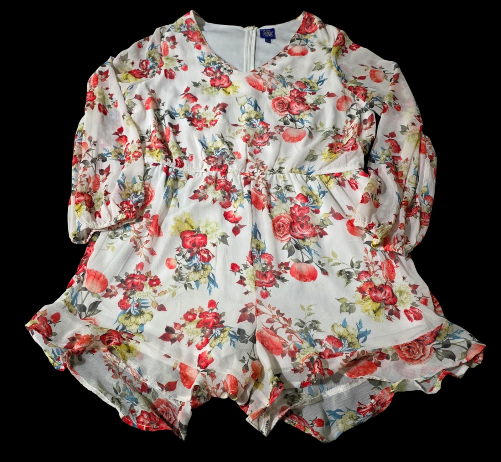 Size XL Women’s Disney Romper White Roses Beauty & The Beast Floral Long Sleeve