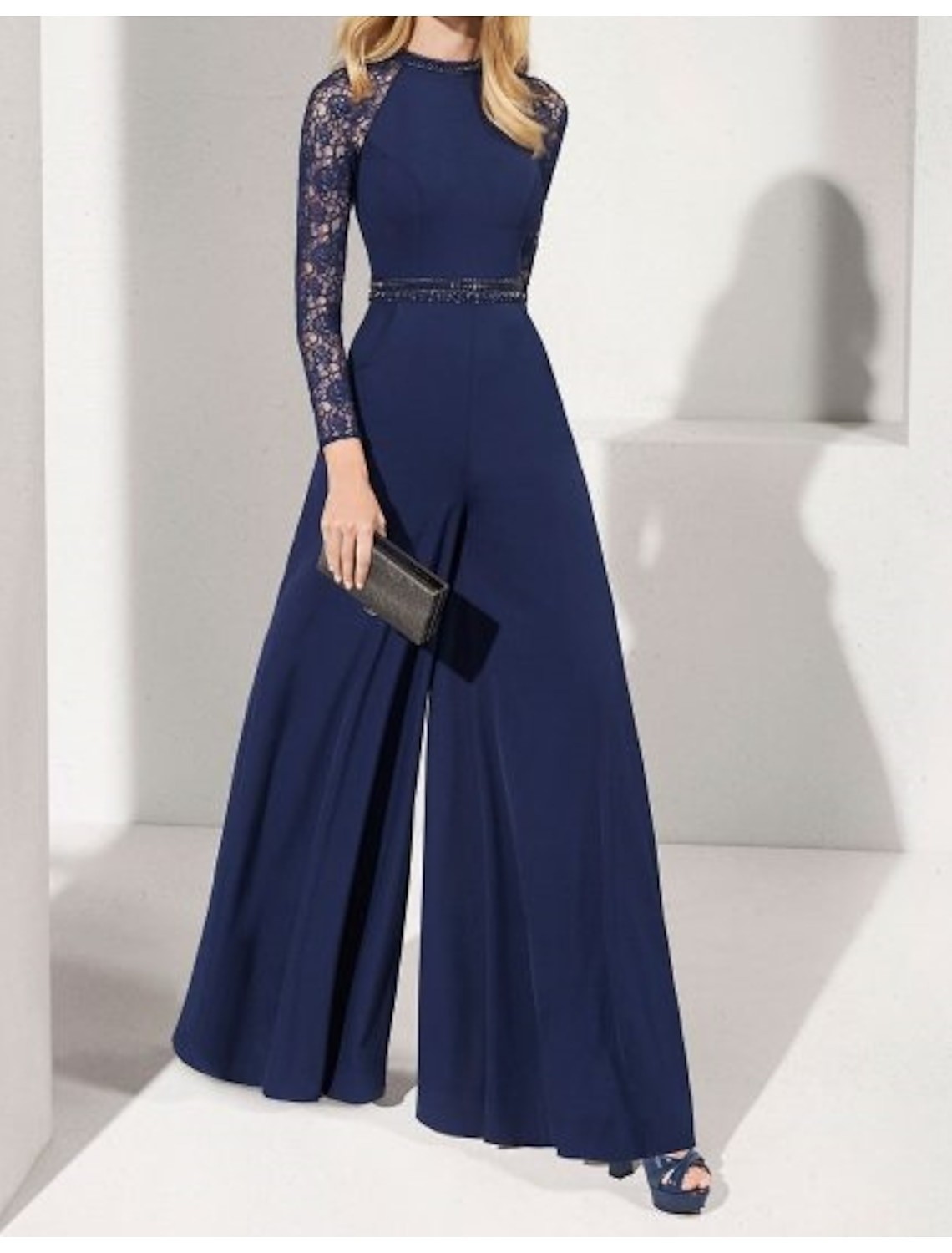 Lanting Navy Blue Lace Long Sleeve Beaded Jumpsuit Evening Gown Size 10 NWT