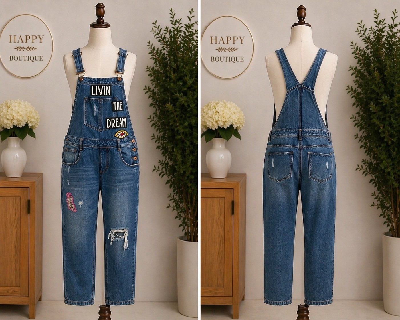 Women’s Denim Overall Straight Leg Sleeveless Distressed Patch Blue S Adjustable