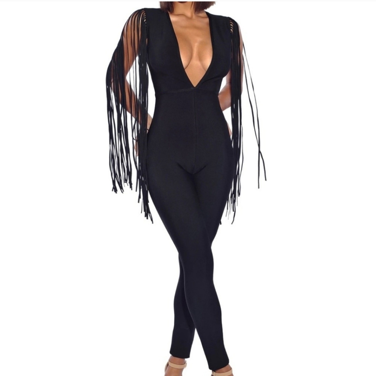Sexy Black Fringe Sleeve Jumpsuit Tassel Deep V Bodycon Party Clubwear Size M