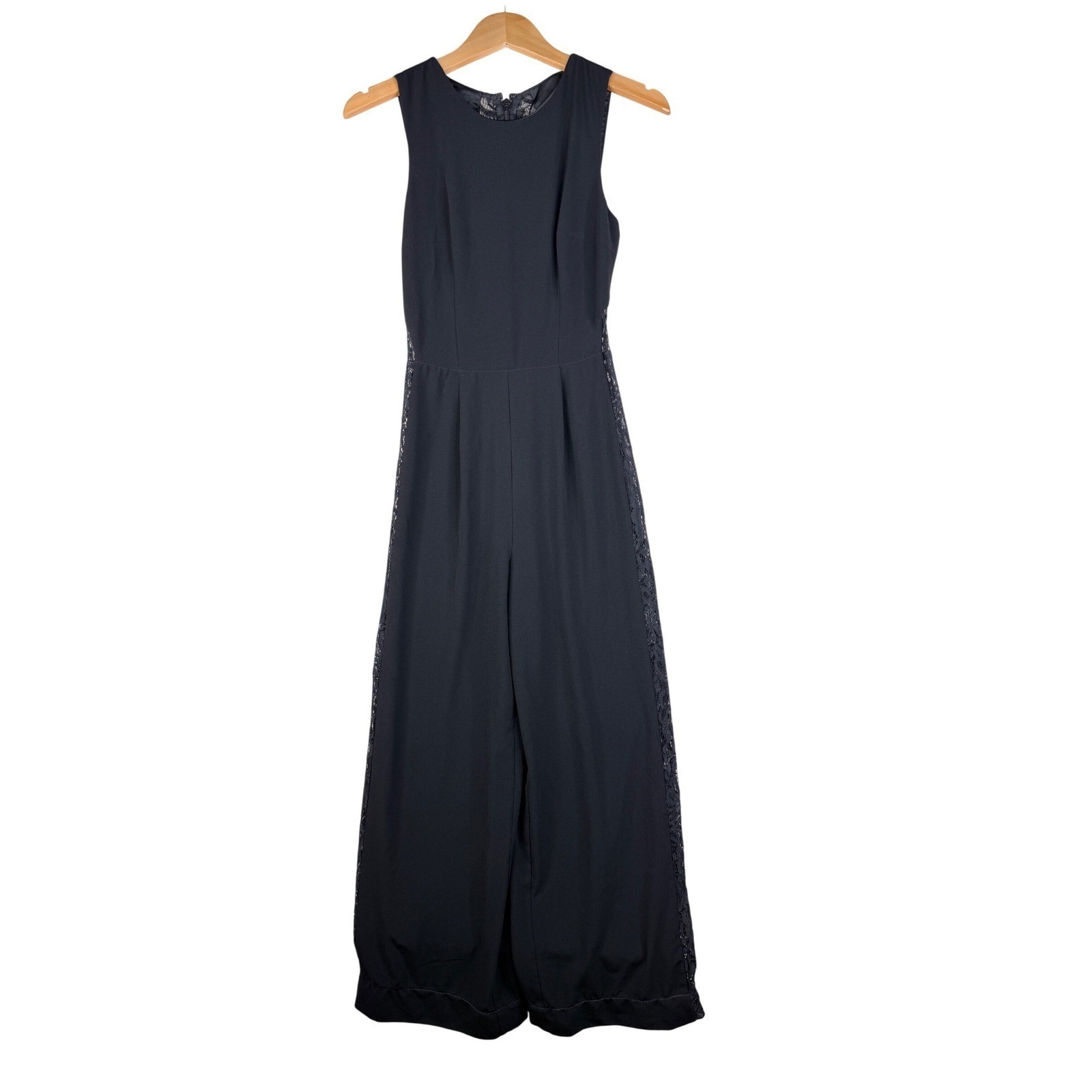 Bebe Sleeveless Lace Trim Wide Leg Pant Jumpsuit size 0 Black