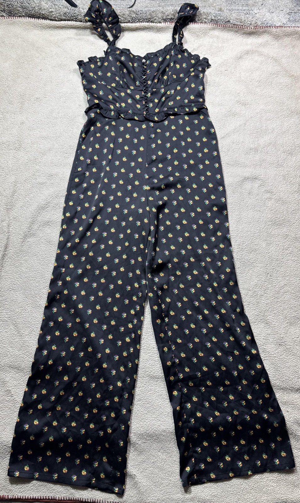 AQUA Jumpsuit Womens Medium Black Floral Ruffle Strap Wide Leg Lined Side Zip