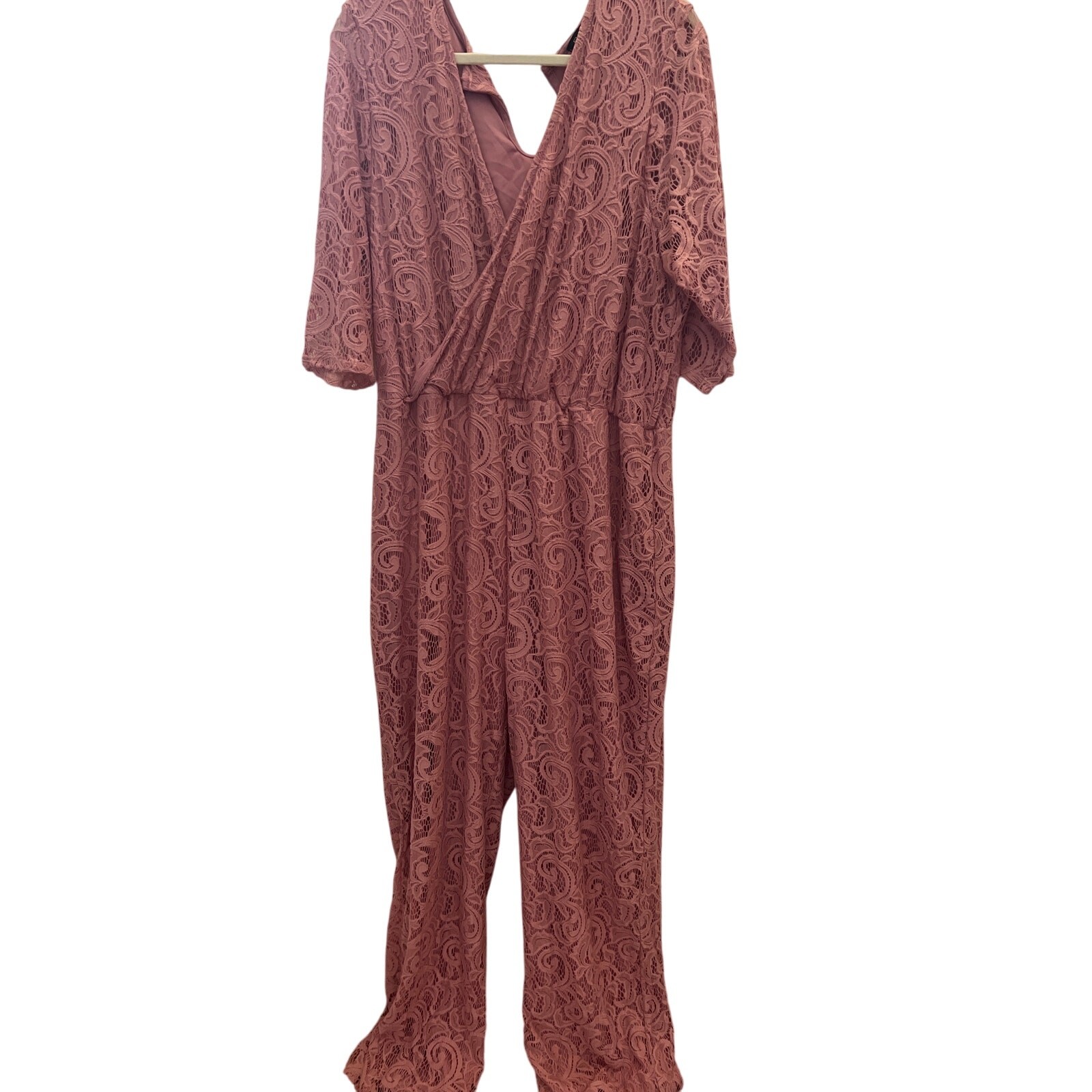 Rouge Collection Jumpsuit Women’s Plus Size 4XL Pink Mauve V-Nick Lace Pantsuit